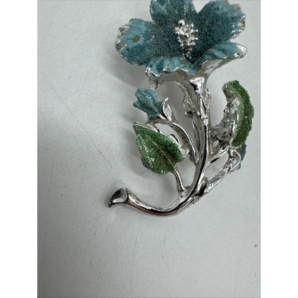 Vintage Enamel Silver Tone Flower Brooch 2